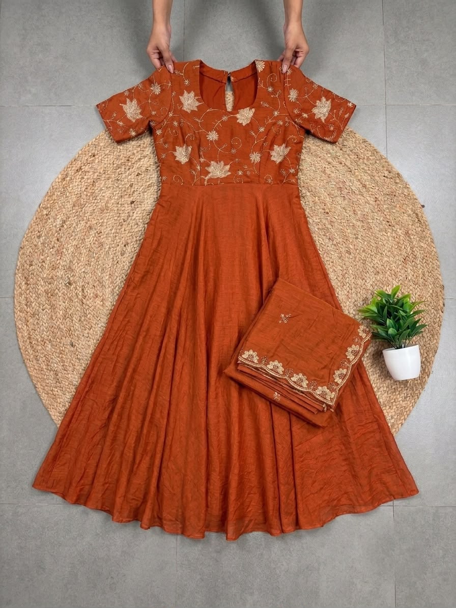 Premium Rust Colored Rangoli Crush Gown with Dupatta
