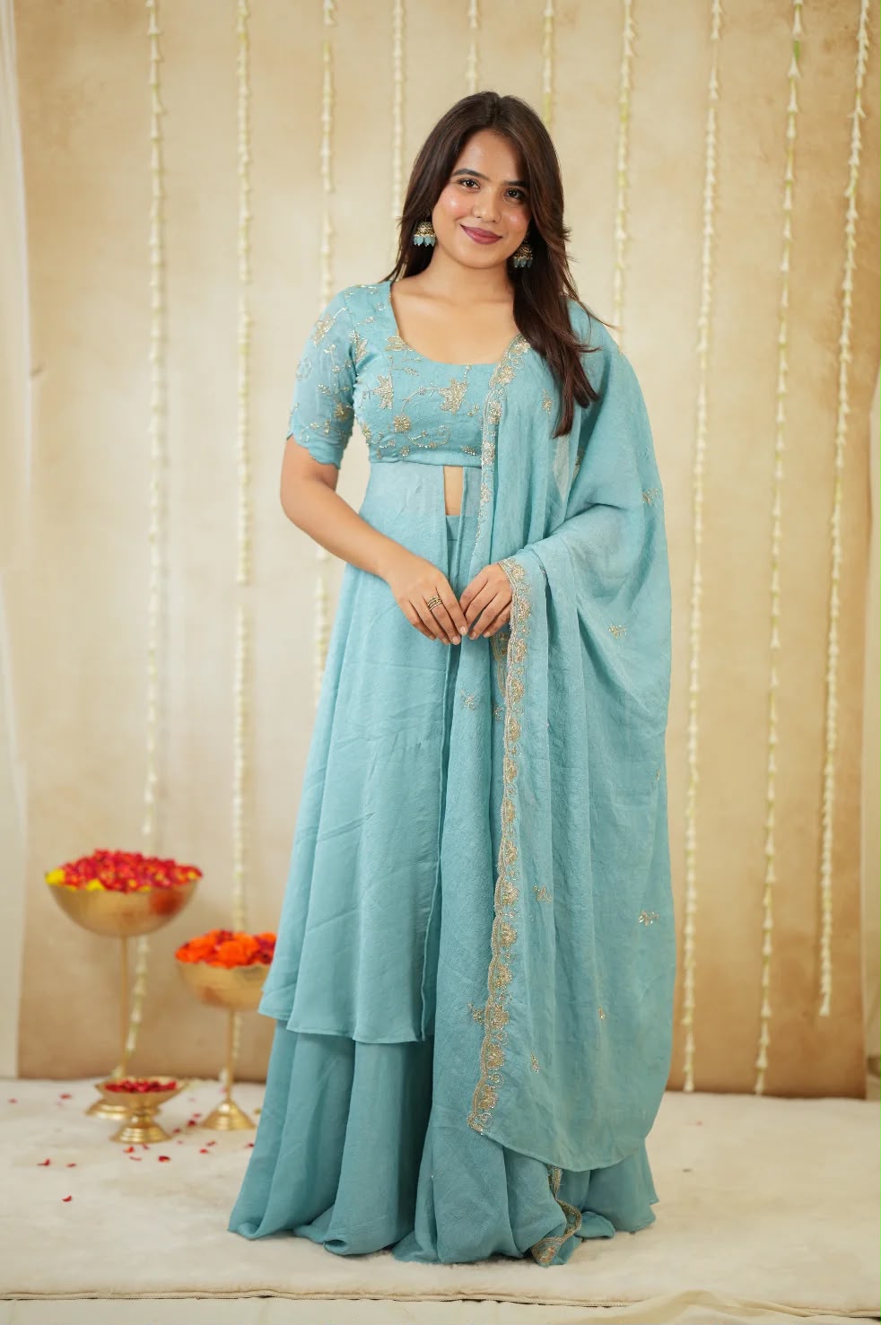Premium Power Blue Colored Rangoli Crush Gown with Dupatta