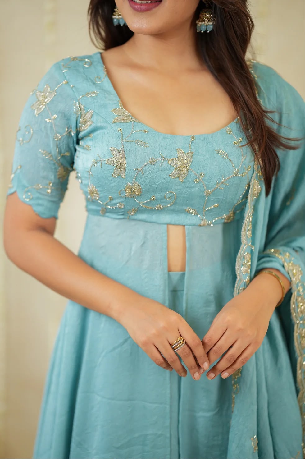 Premium Power Blue Colored Rangoli Crush Gown with Dupatta