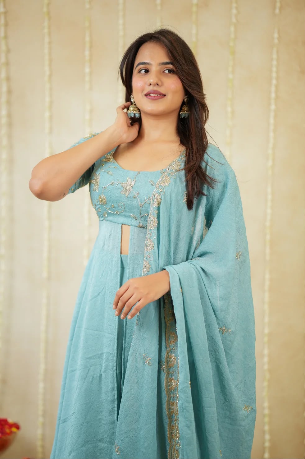 Premium Power Blue Colored Rangoli Crush Gown with Dupatta