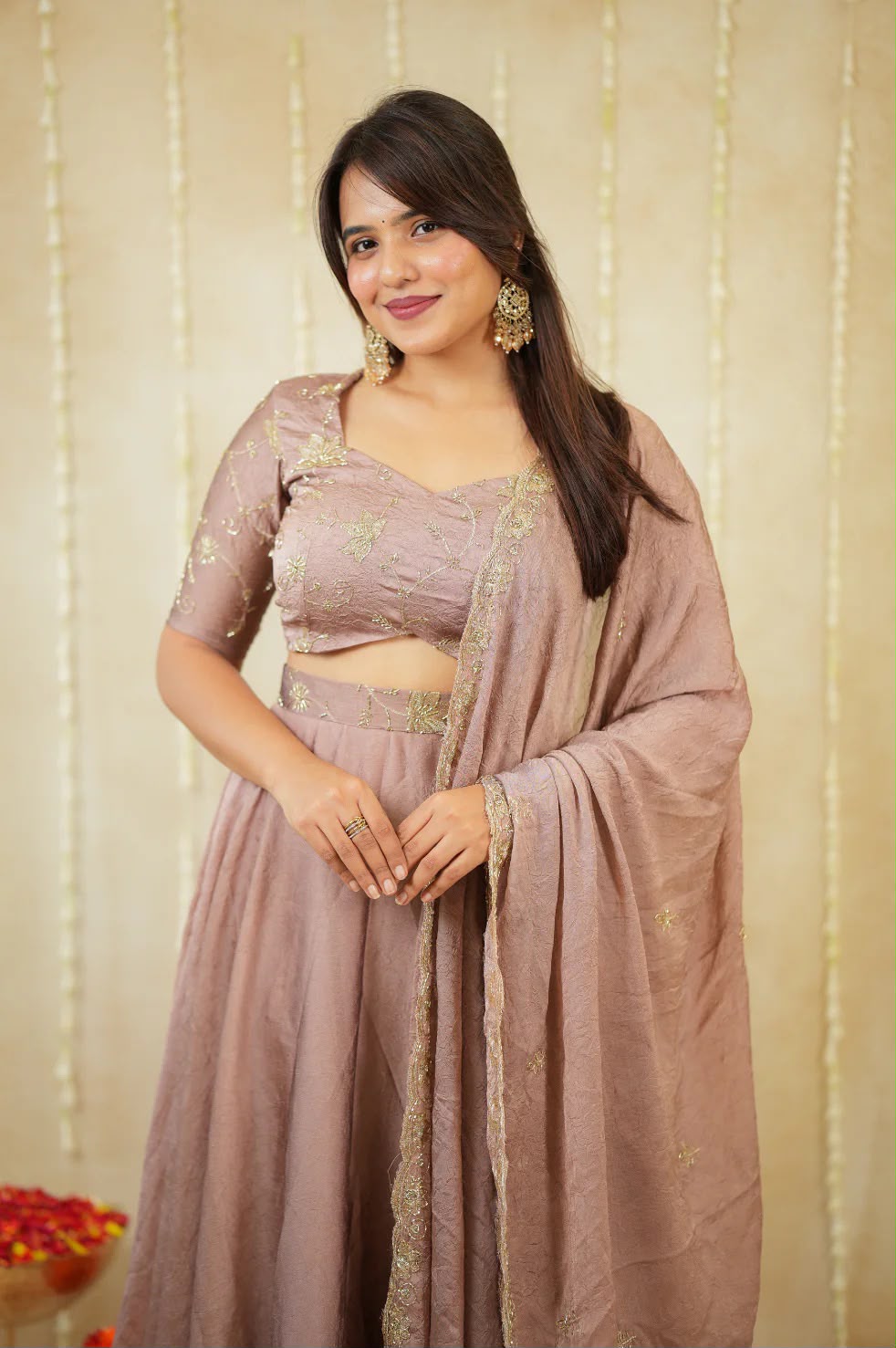 Premium Mauve Colored Rangoli Crush Gown with Dupatta
