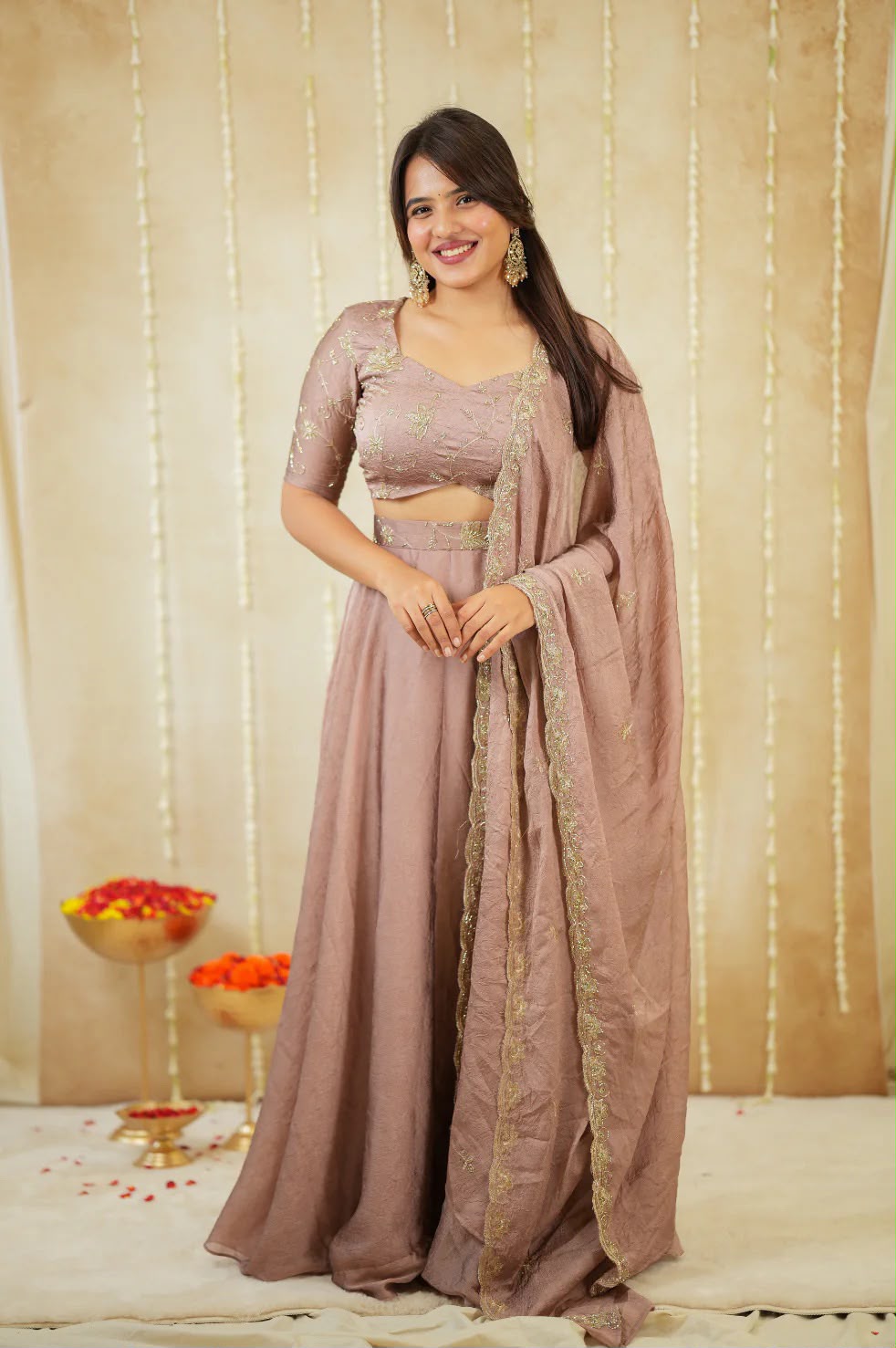 Premium Mauve Colored Rangoli Crush Gown with Dupatta