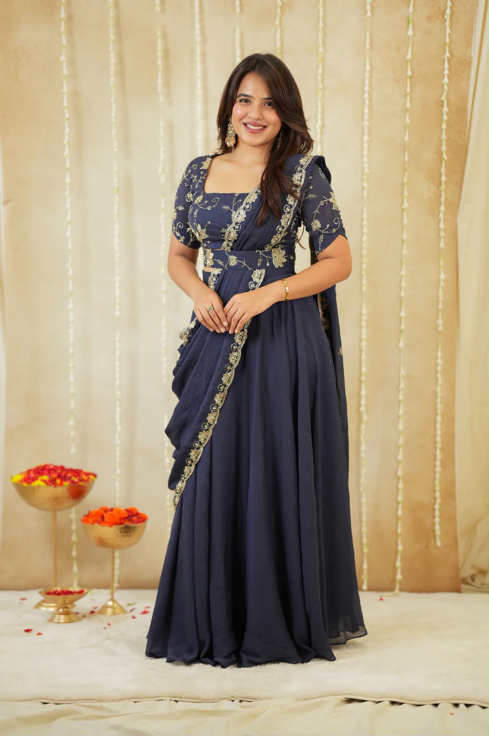 Premium Navy Blue Colored Rangoli Crush Gown with Dupatta