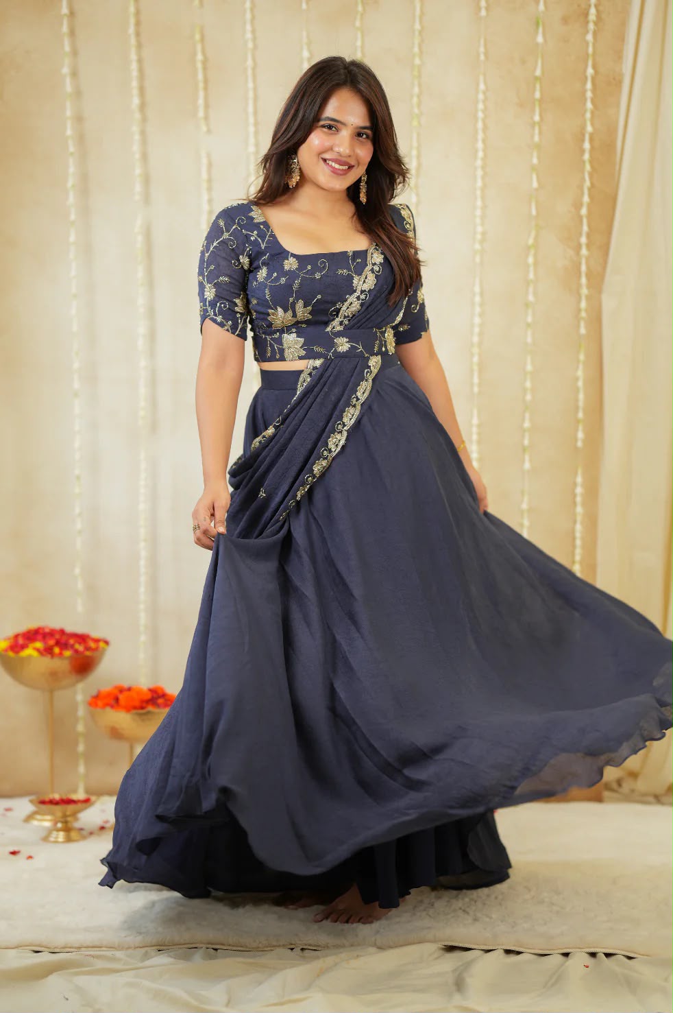 Premium Navy Blue Colored Rangoli Crush Gown with Dupatta