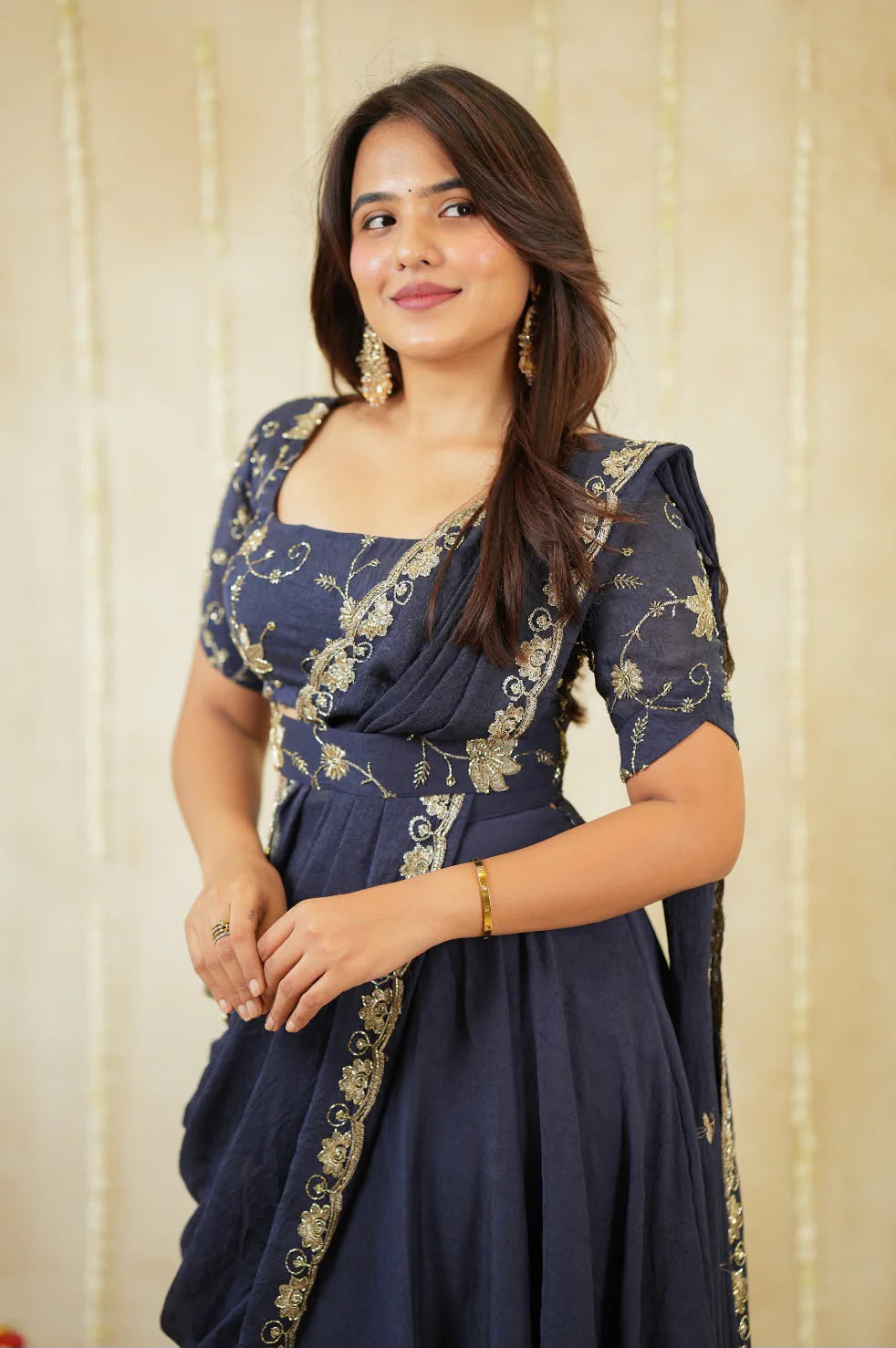 Premium Navy Blue Colored Rangoli Crush Gown with Dupatta
