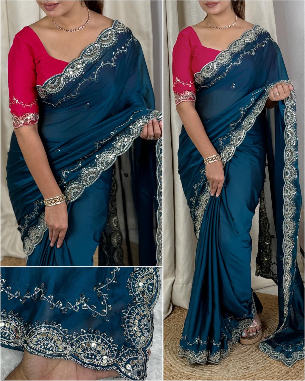 Premium Crystal Blue Colored Rangoli Silk Party Wear Saree with Coding & Sequin Work and Matching Blouse