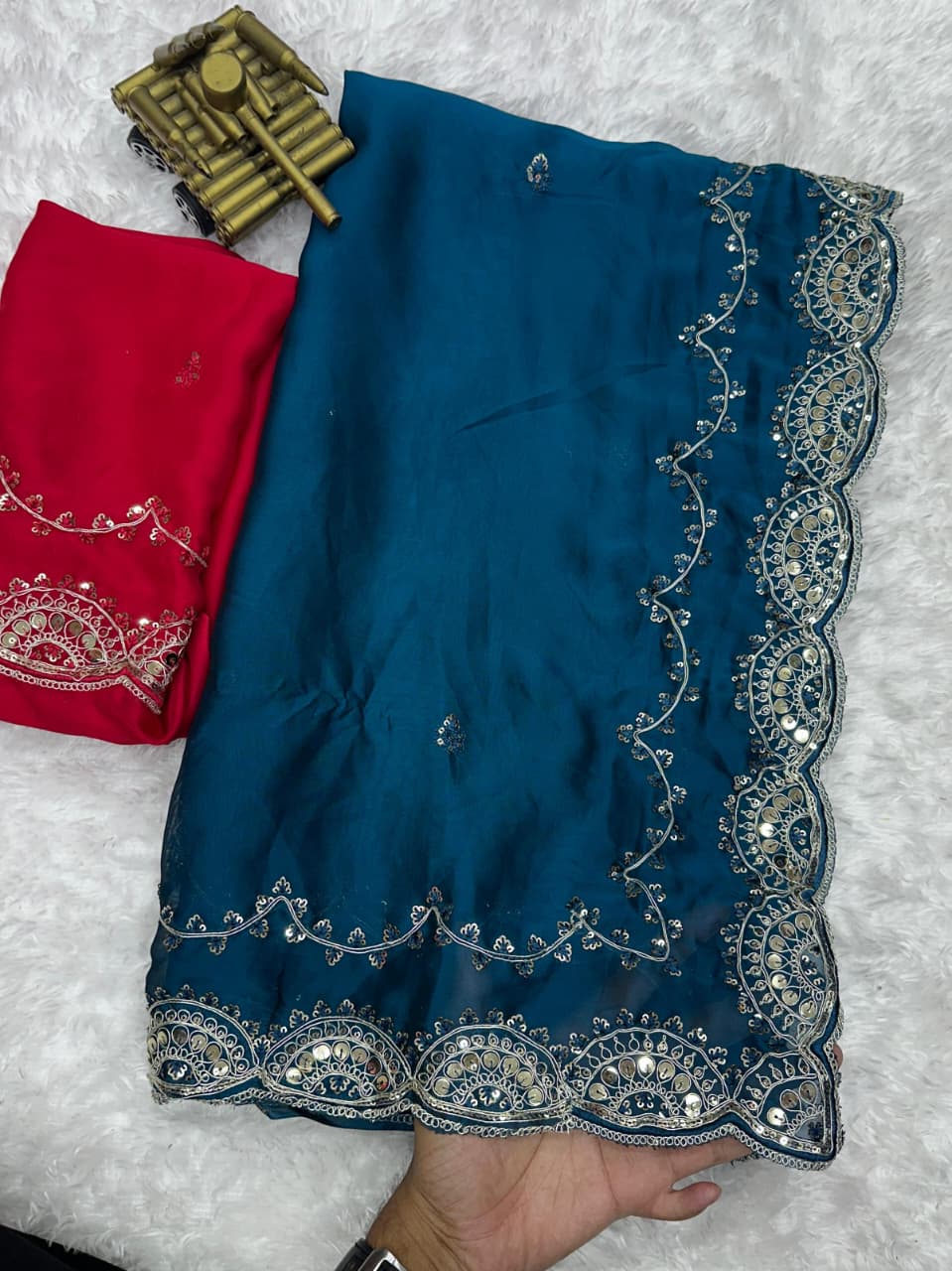 Premium Crystal Blue Colored Rangoli Silk Party Wear Saree with Coding & Sequin Work and Matching Blouse