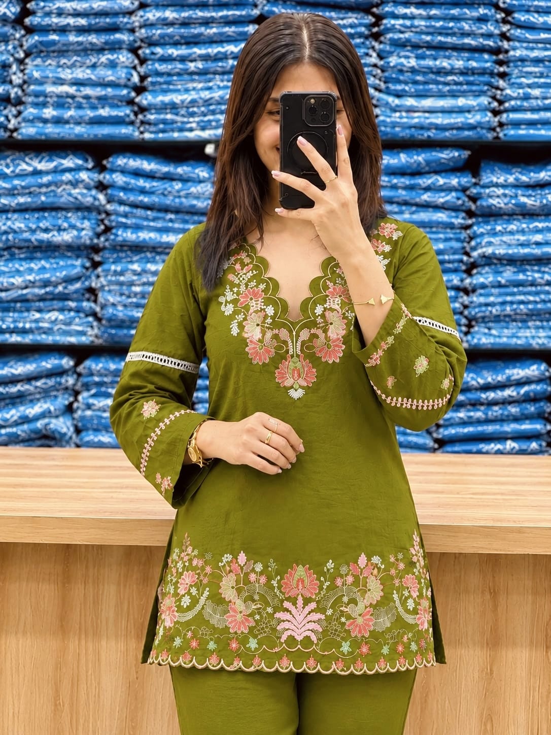 Premium Cotton Mehendi Green Colored Embroidered Kurti for Women