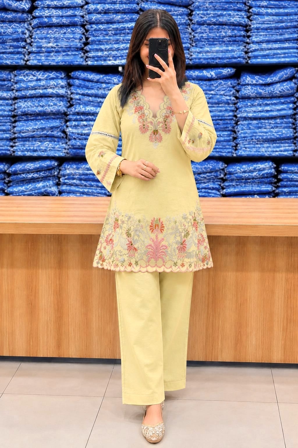 Premium Cotton Light Yellow Colored Embroidered Kurti for Women