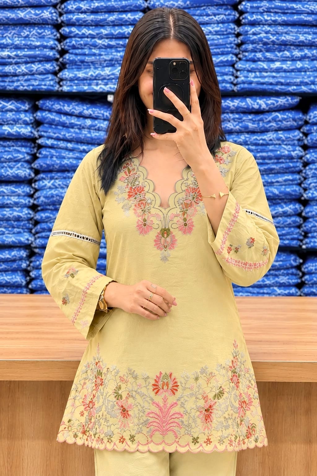 Premium Cotton Light Yellow Colored Embroidered Kurti for Women