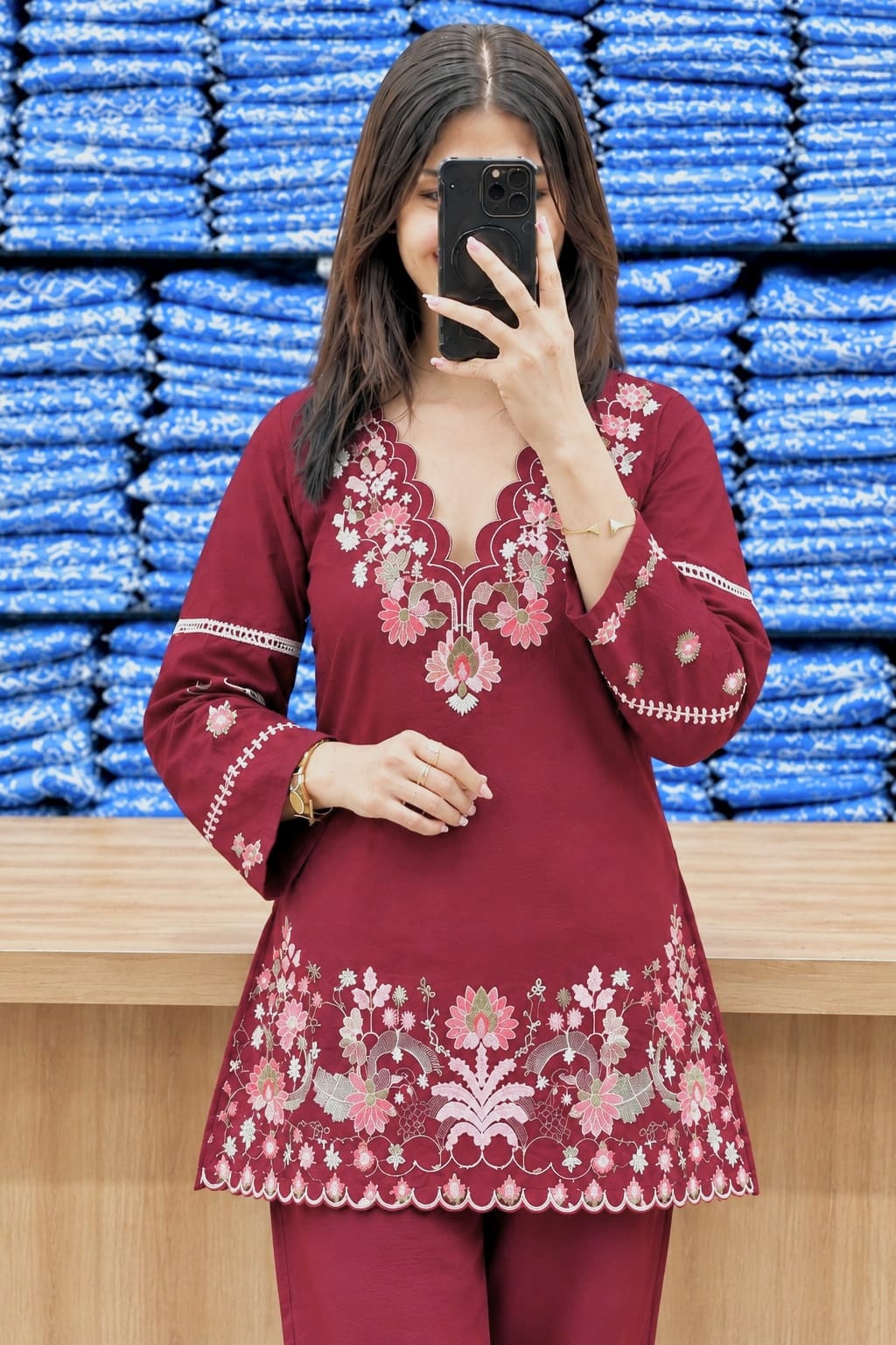 Premium Cotton Maroon Colored Embroidered Kurti for Women