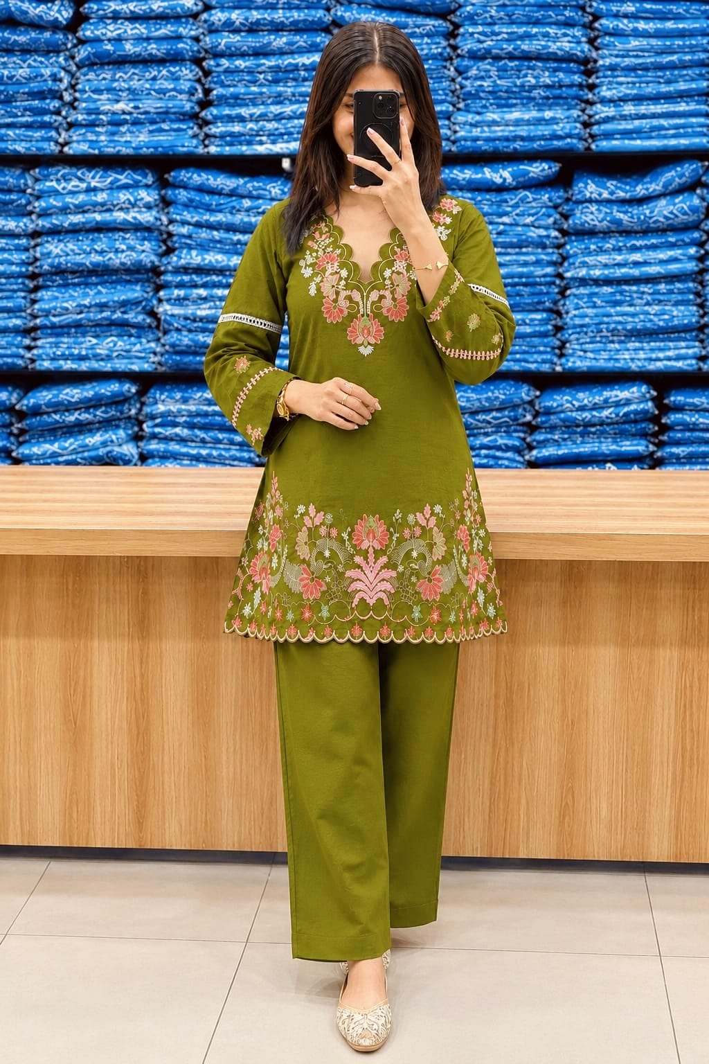 Premium Cotton Mehendi Green Colored Embroidered Kurti for Women