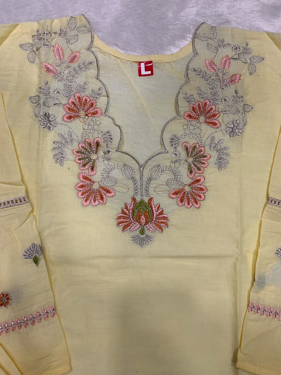 Premium Cotton Light Yellow Colored Embroidered Kurti for Women