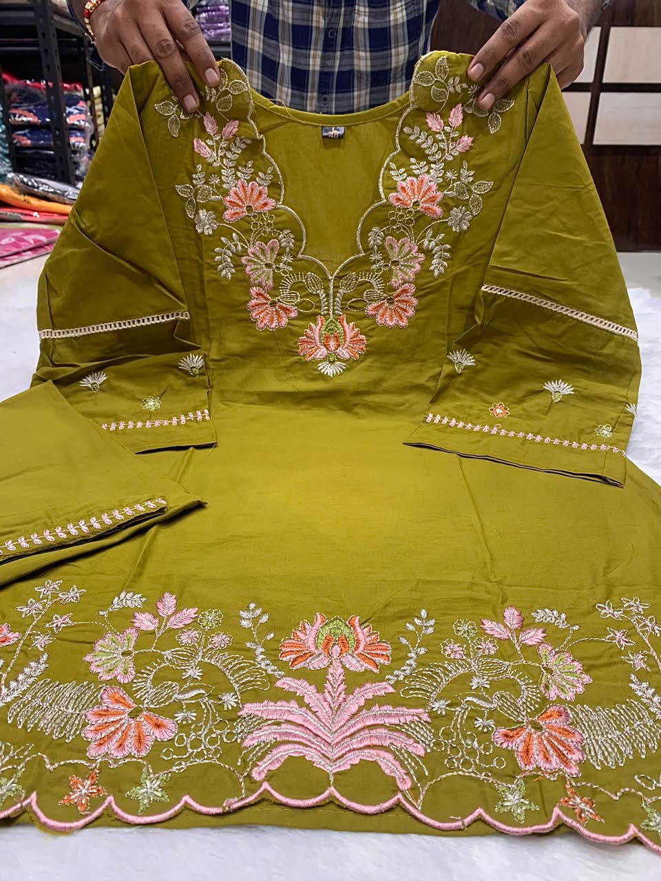 Premium Cotton Mehendi Green Colored Embroidered Kurti for Women