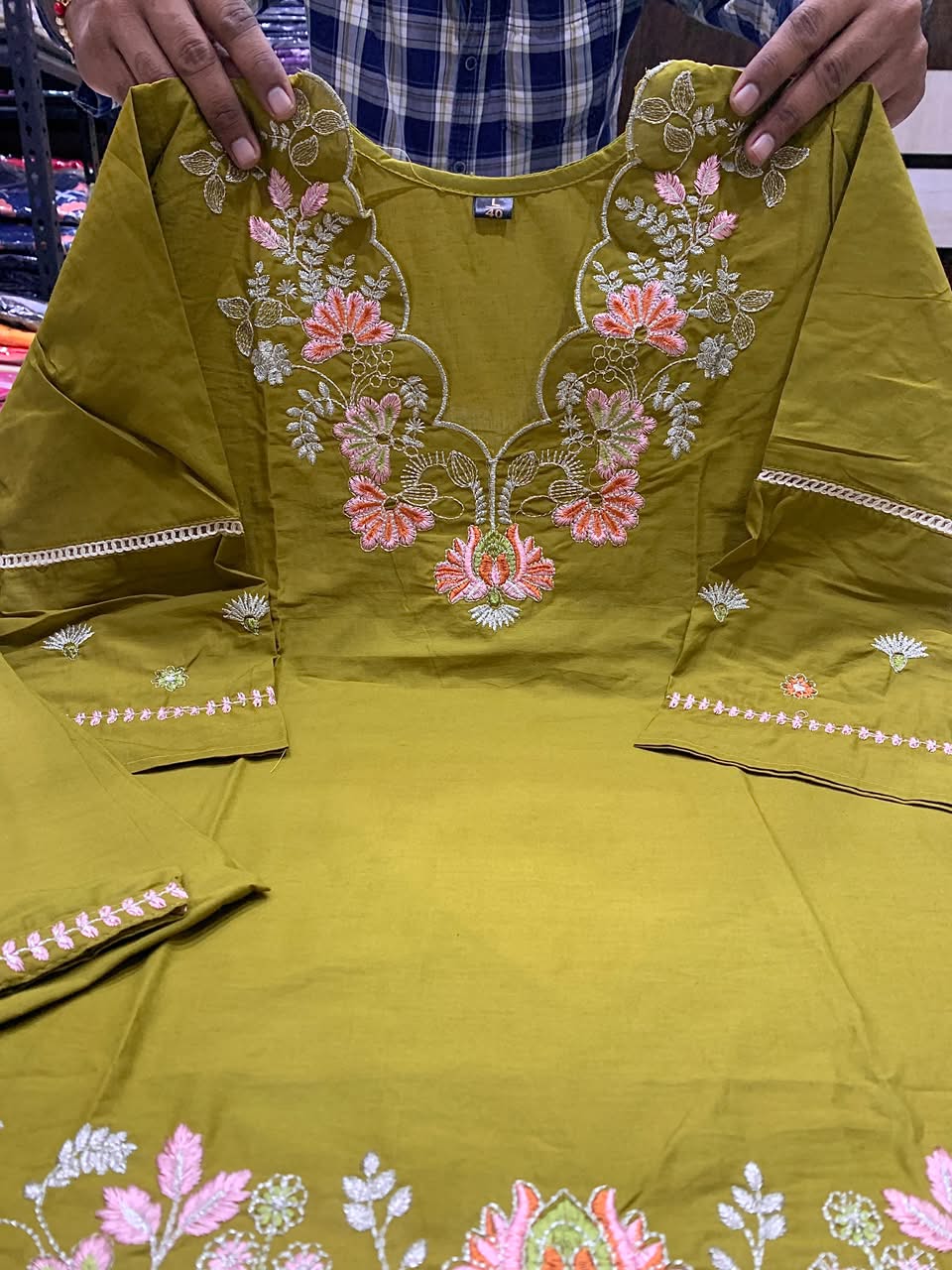 Premium Cotton Mehendi Green Colored Embroidered Kurti for Women