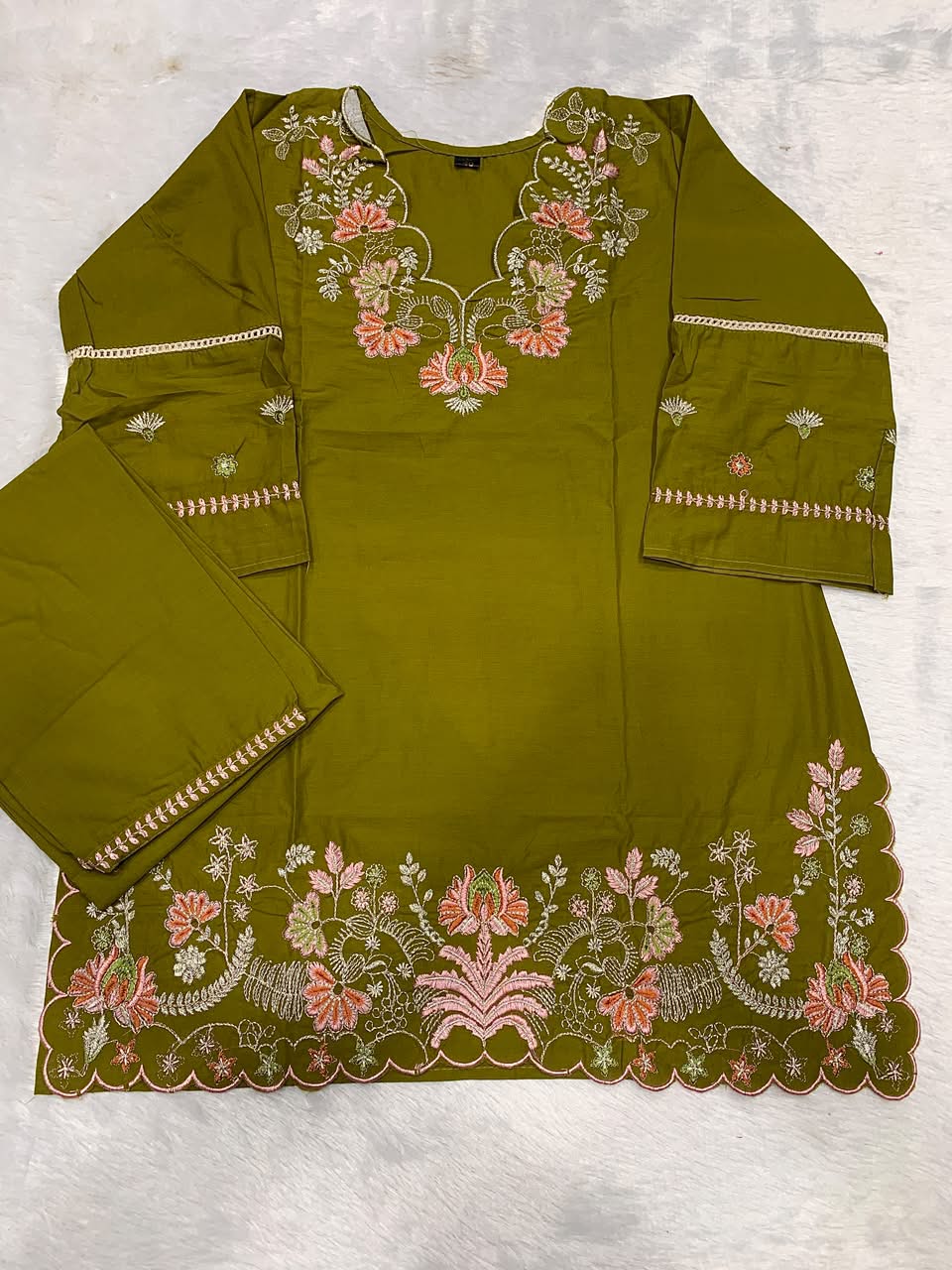 Premium Cotton Mehendi Green Colored Embroidered Kurti for Women