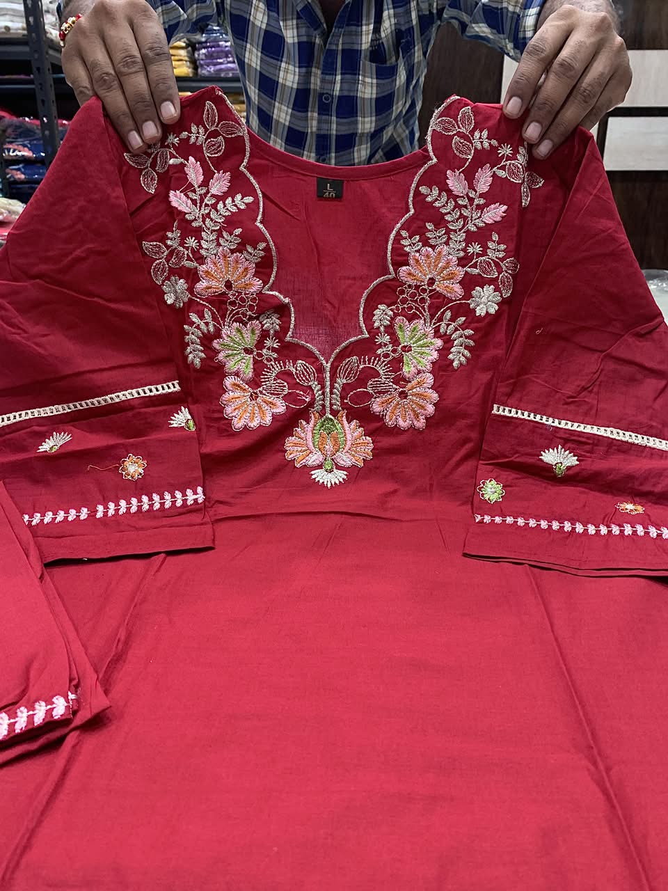Premium Cotton Maroon Colored Embroidered Kurti for Women
