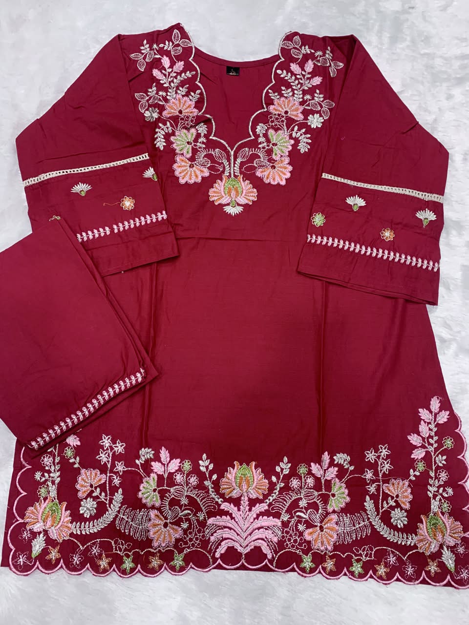 Premium Cotton Maroon Colored Embroidered Kurti for Women