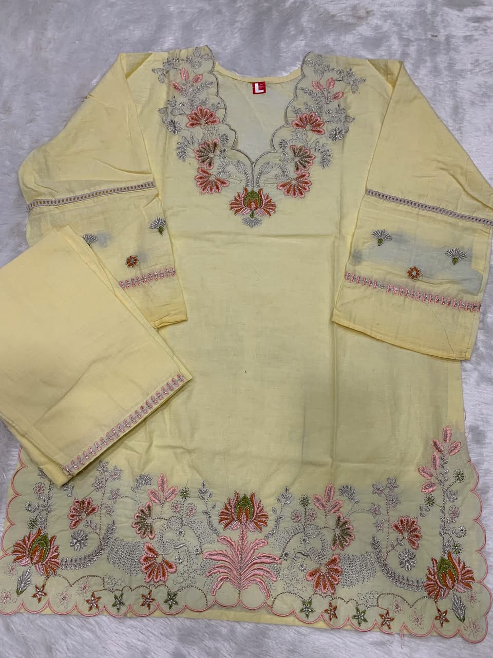 Premium Cotton Light Yellow Colored Embroidered Kurti for Women