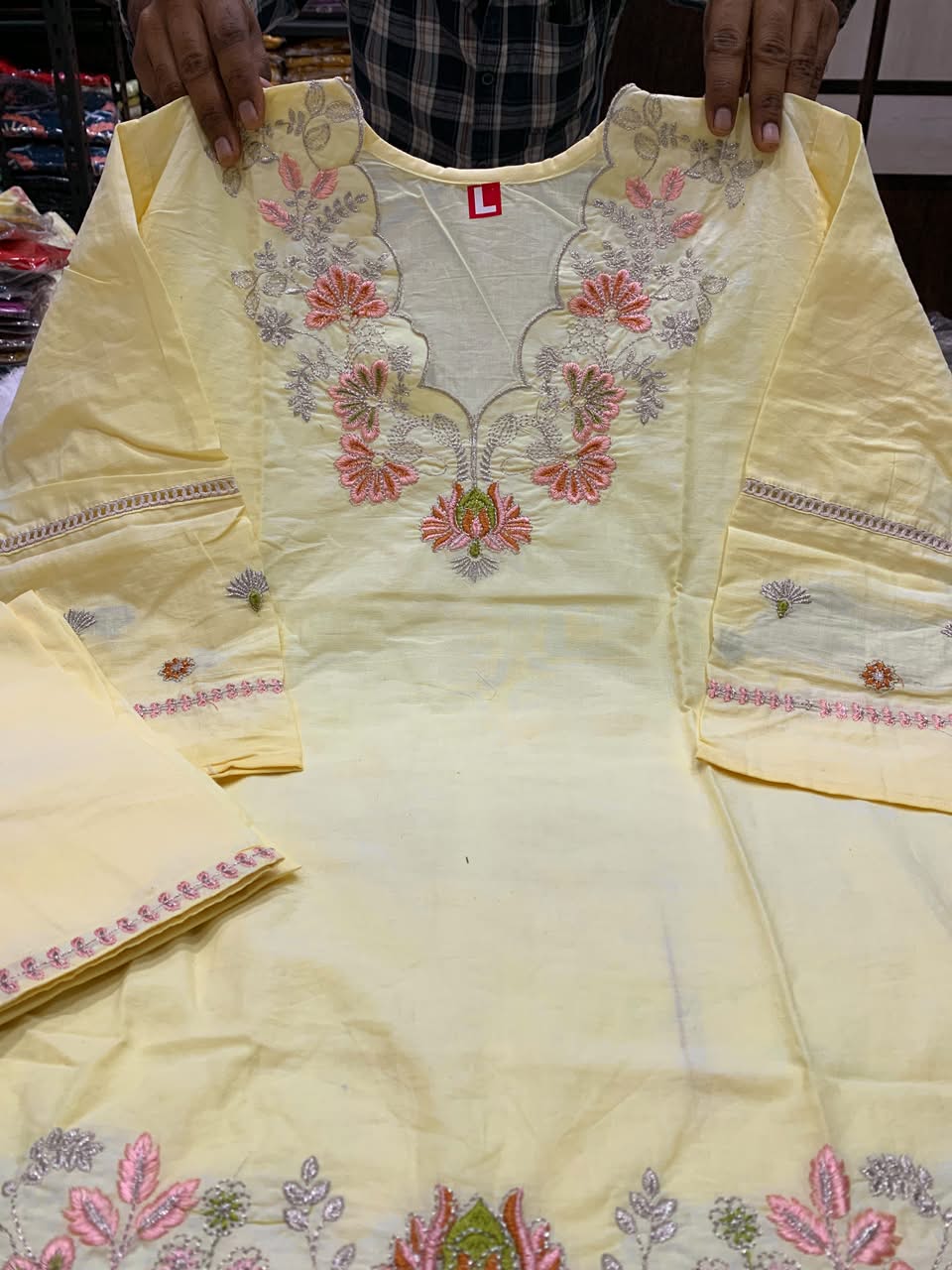 Premium Cotton Light Yellow Colored Embroidered Kurti for Women