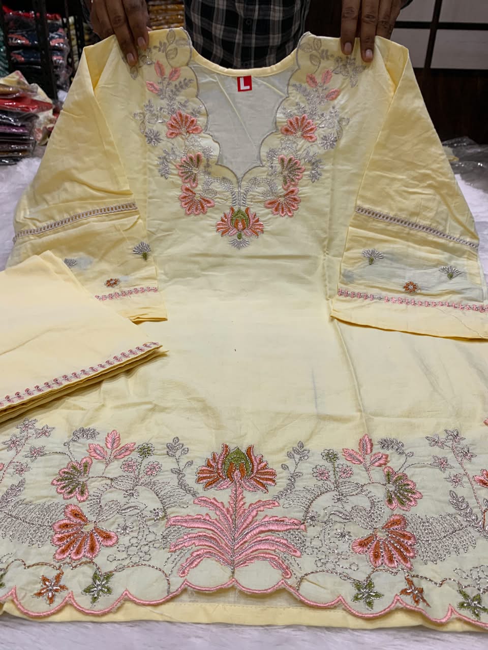 Premium Cotton Light Yellow Colored Embroidered Kurti for Women