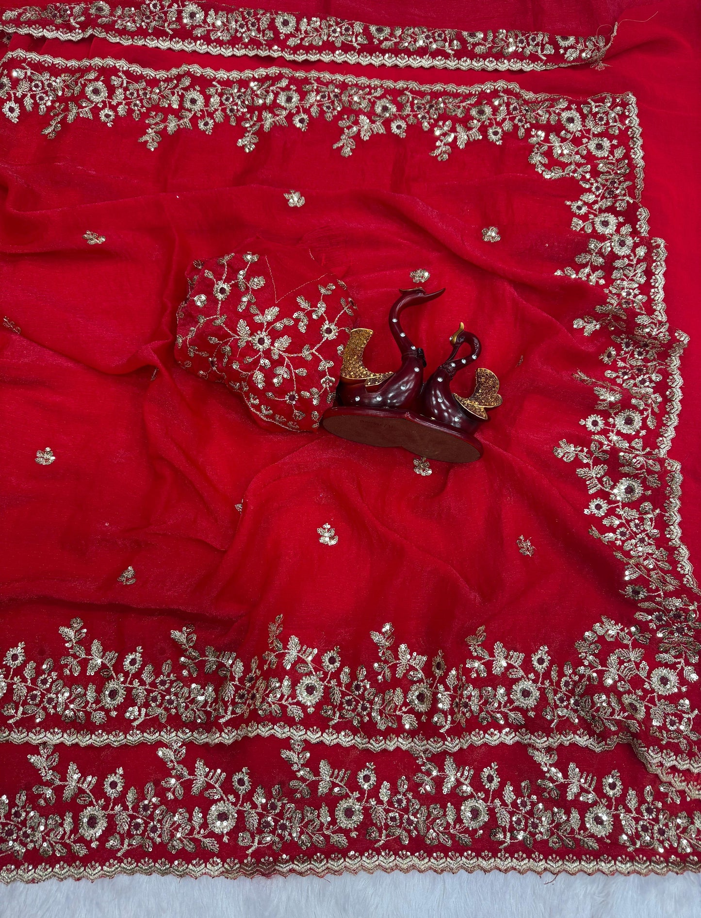 Premium Frendy Chiffon Red Colored Sequins Embroidered Saree with Heavy Sequins Blouse