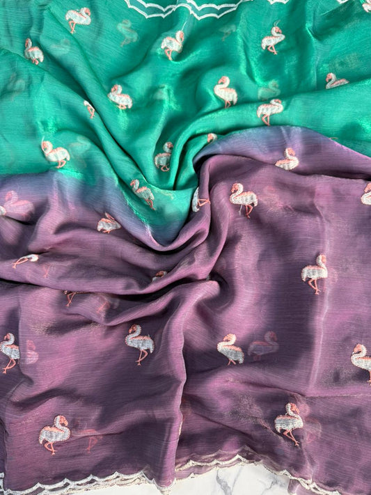 Soft Zemichu Turquoise Green & Purple Two-Tone Saree with Duck Figure Butti – Elegant Shaded Ethnic Saree