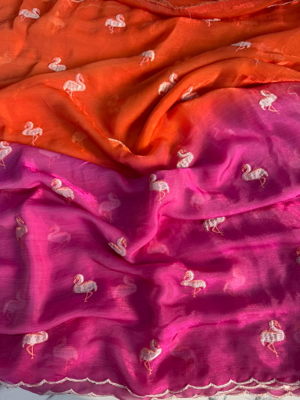 Soft Zemichu Orange & Rani Pink Two-Tone Saree with Duck Figure Butti – Elegant Shaded Ethnic Saree