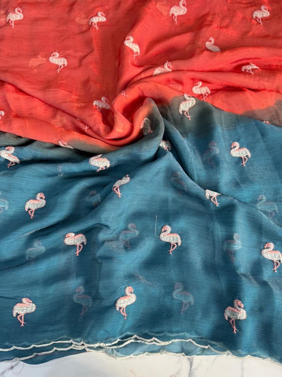 Soft Zemichu Orange & Dark Green Two-Tone Saree with Duck Figure Butti – Elegant Shaded Ethnic Saree