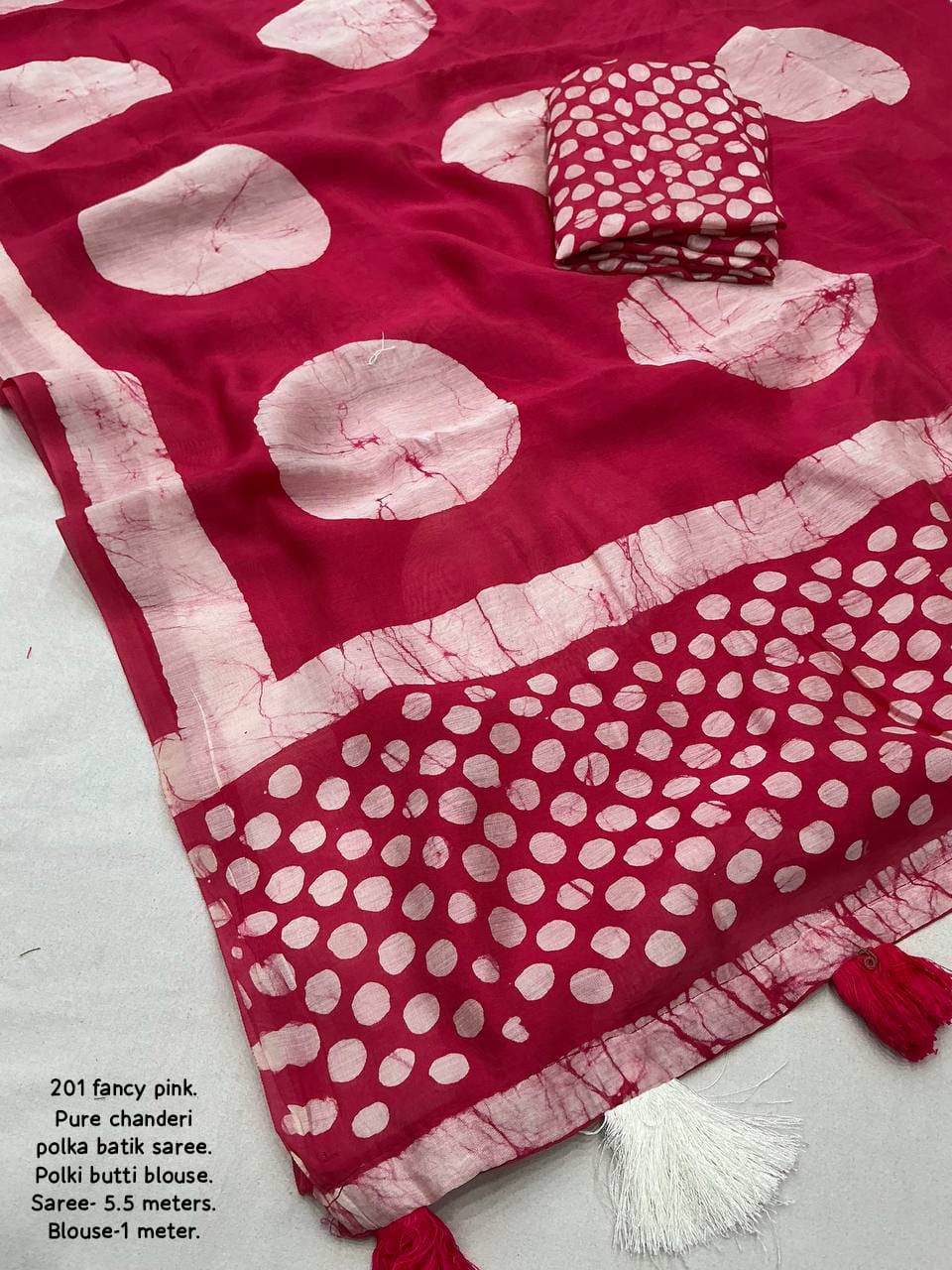 Magic Red Colored Cotton Pure Chanderi Batik Polka Saree with Tassel Pallu – Handcrafted Premium Cotton Saree