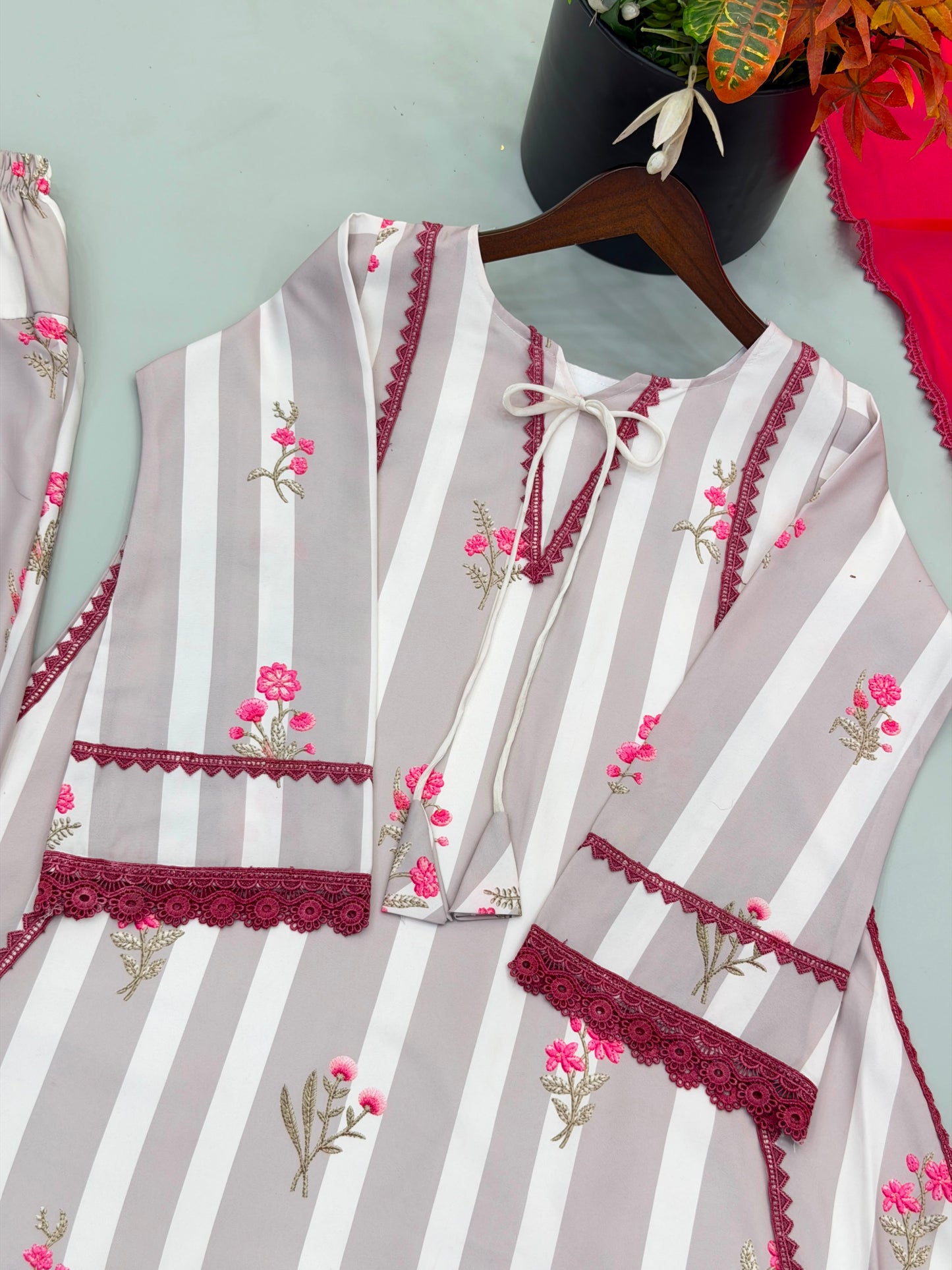 Premium Natural Crepe Digital Print Kurti Set with Farshi Pant & Faux Georgette Dupatta for Women