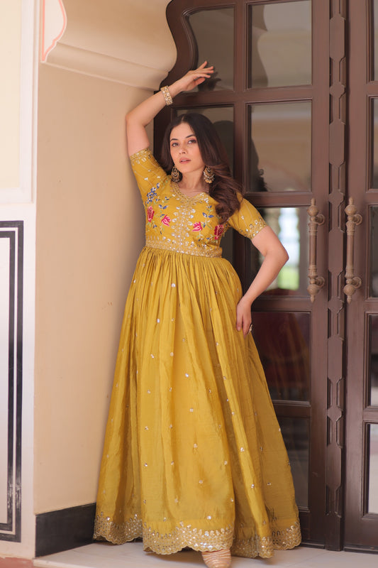 Premium Mehendi Green Colored Gold Crush Designer Gown for Women with Multi Thread Embroidery, Zari & Sequins Work